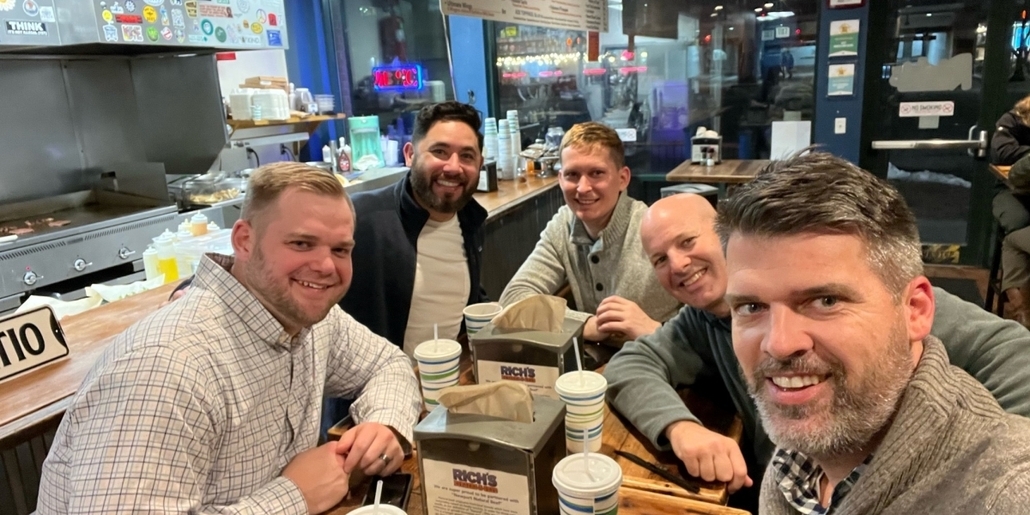 Hunter, Jay, Dan, Eddie and Gray have dinner while on a business trip in Salt Lake City, Utah.